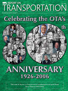 Report on Transportation front cover showing faces from the OTA in the shape of 80 for the 80th anniversary