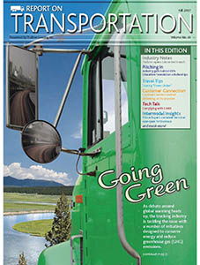 Report on Transportation front cover showing a green truck with the headline "Going green"