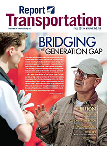 Report on Transportation front cover showing an older employee speaking with a younger employee and the headline "Bridging the generation gap"