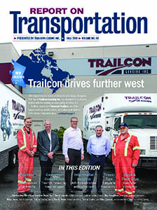 Report on Transportation front cover showing a group of Trailcon employees standing between two trucks