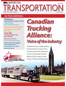 Report on Transportation front cover showing a truck driving in front of Parliament in Ottawa