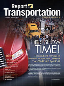 Report on Transportation front cover showing multiple trucks at a trade show