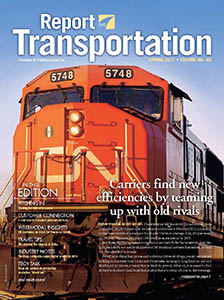 Report on Transportation front cover showing a red train engine