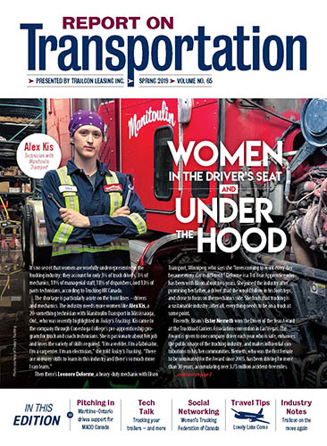 Report on Transportation Spring 2019 front cover showing woman in coveralls beside a truck